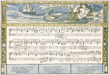 "The Mermaid", laulukuvitus teoksesta "Pan-Pipes", Vanhojen laulujen kirja, vastikään sovitettu ja säestettynä Theo. Marzials, julkaissut Lontoossa George Routledge und Sons, 1884